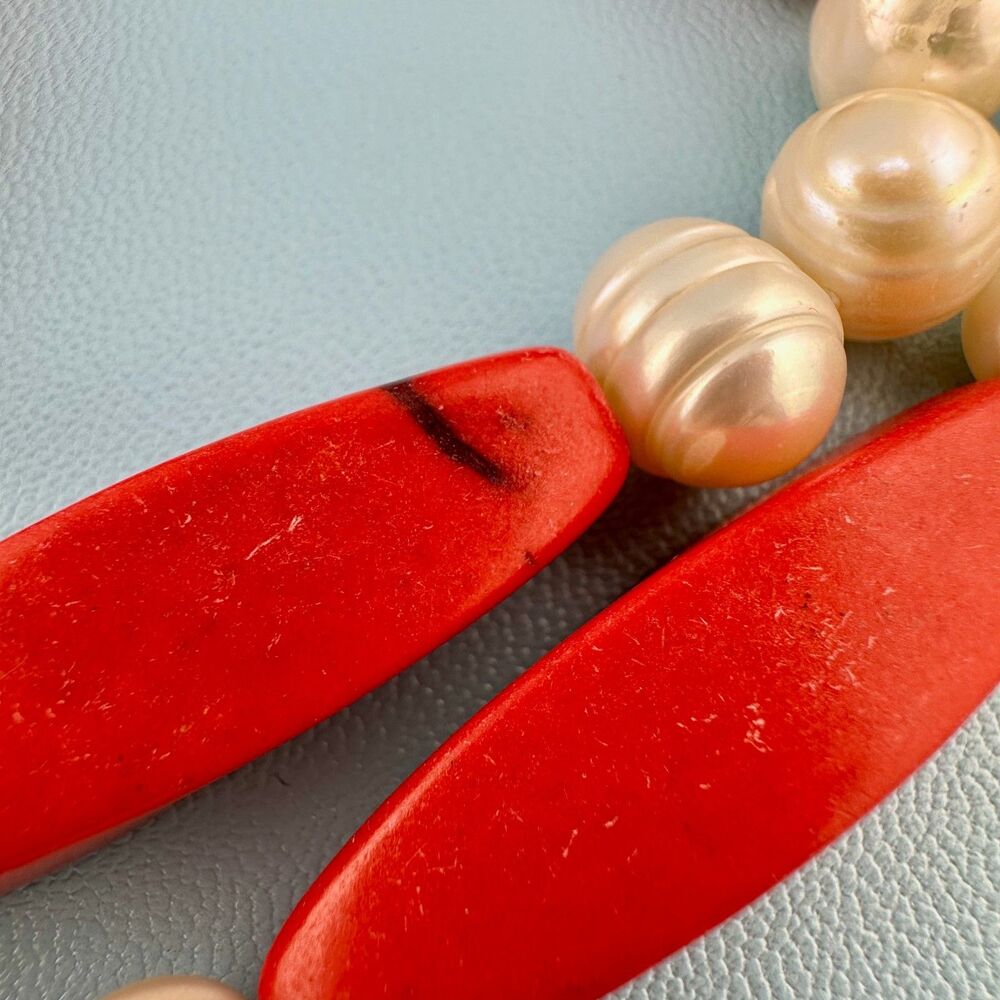 Vintage Red Stone Genuine Pearl Necklace Flapper 64" Knotted Statement Heavy - Picture 14 of 15
